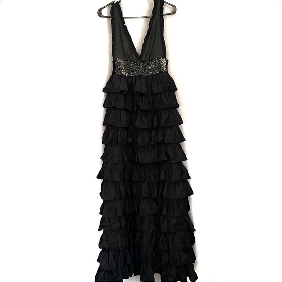 MANOUSH Tiered Ruffle Deep V neck Dress Black Size 40 
US 8 floor length - Picture 3 of 12